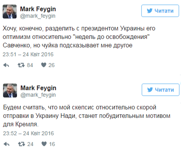 Фейгин не разделяет оптимизма Порошенко в отношении Савченко